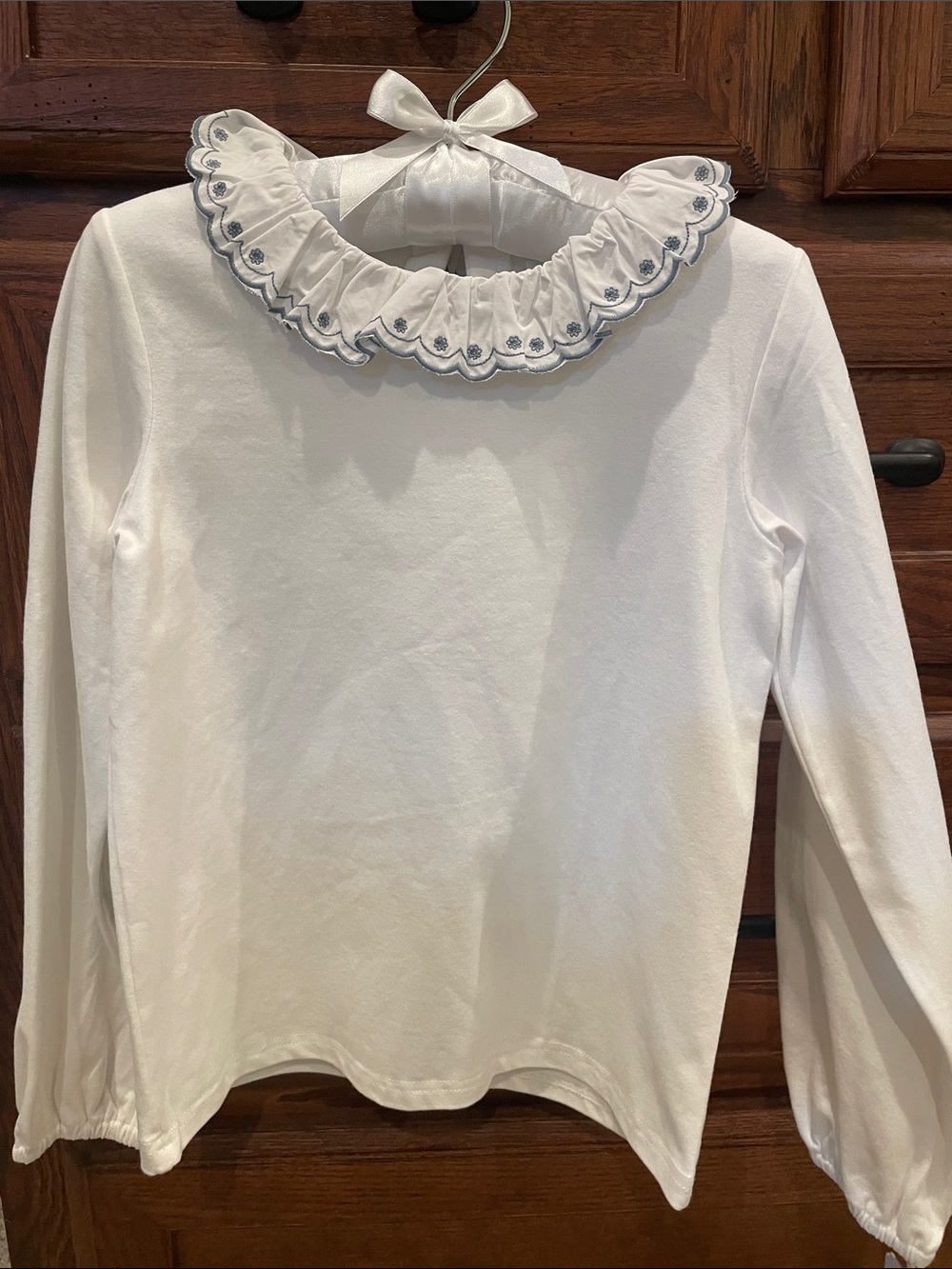 Edgehill Collection White Top with Blue Embroidered Collar